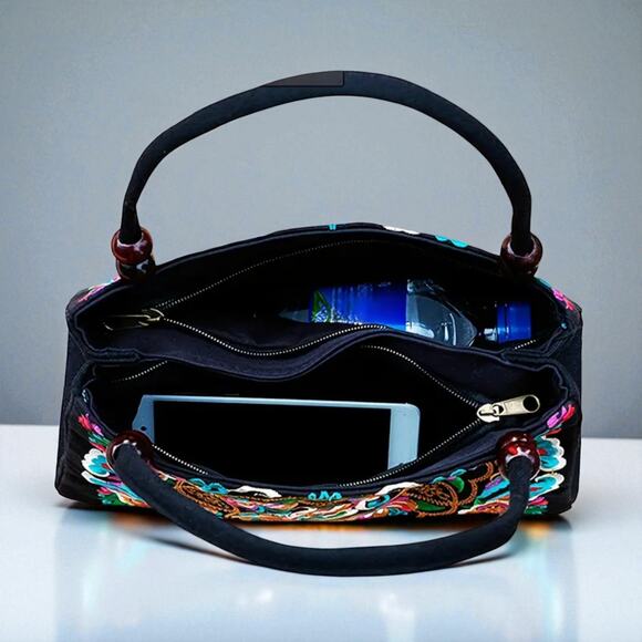 Floral Embroidered Ethnic Handbag Wood Bead Handles Boho - Picture 8 of 9